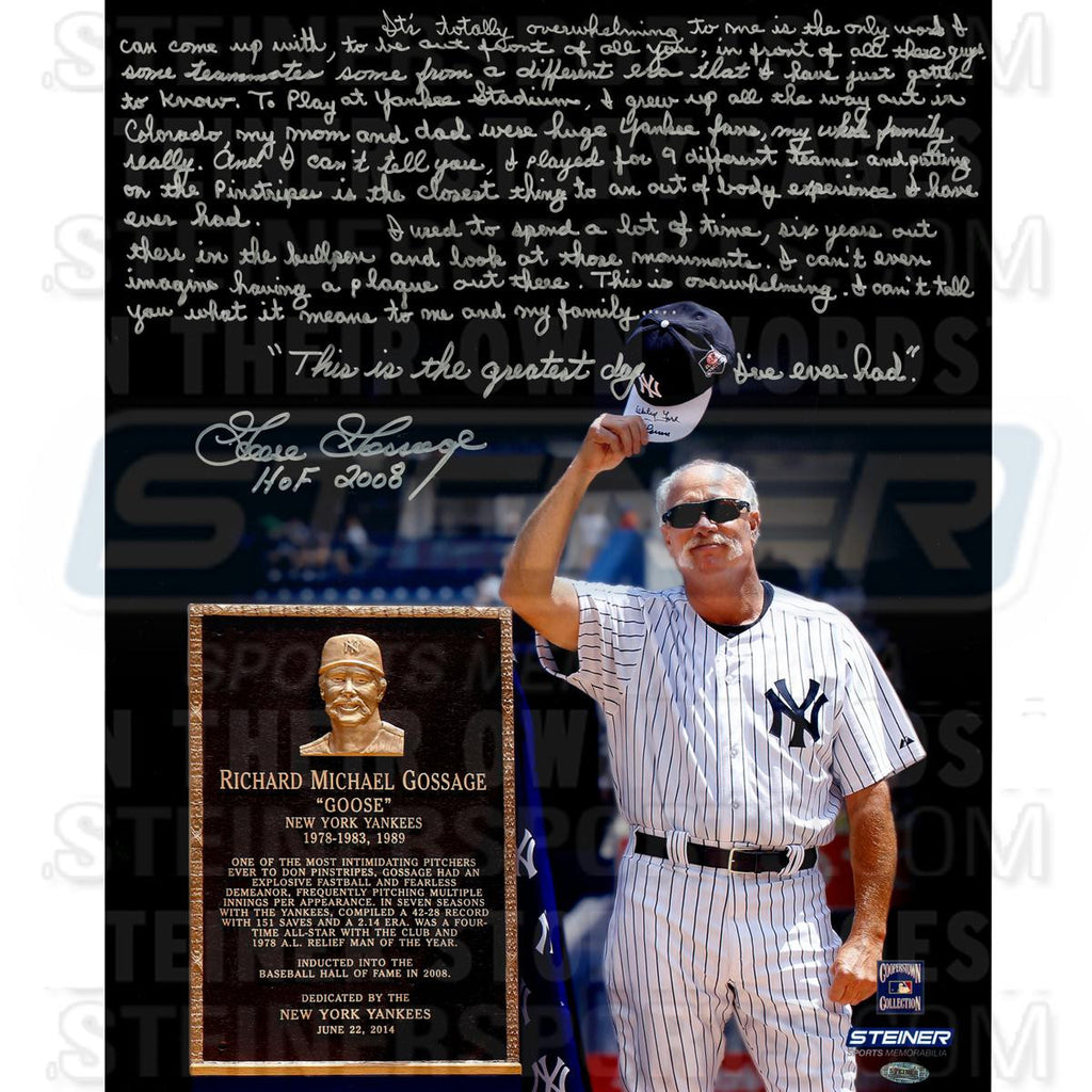 Goose Gossage at Yankee Stadium for Goose Gossage Day Signed 16x20 Story Photo w HOFInsc.