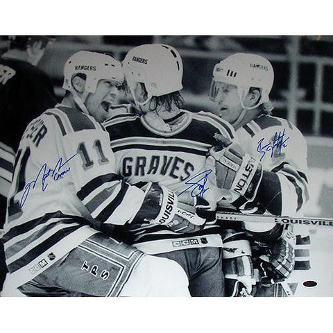 Graves Leetch & Messier Triple Signed B&W Celebration wCaptain Insc.16x20 Photo