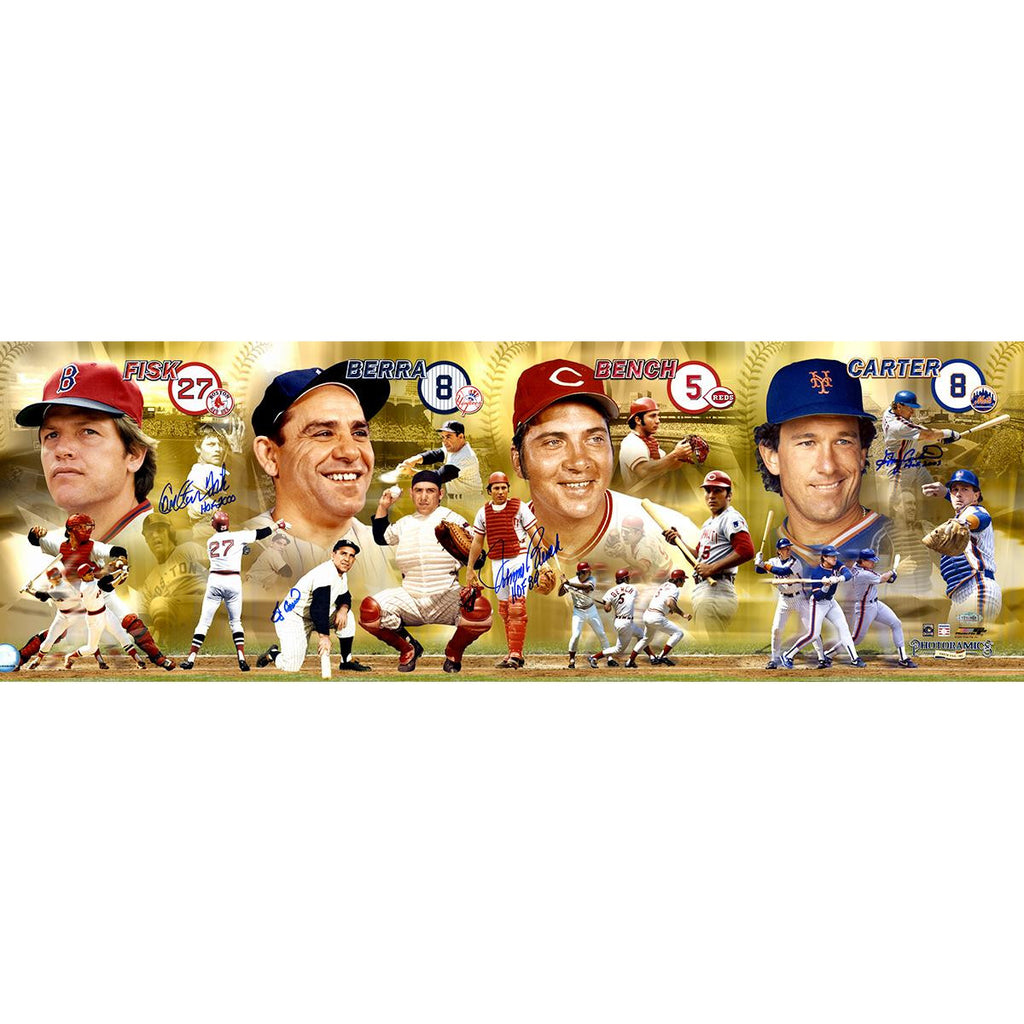 Hall Of Fame Catchers (Yogi Bench Fisk Carter) Signed Panoramic Photo w HOF insc by Carter Fisk and Bench