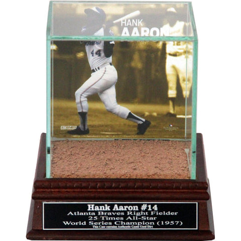 Hank Aaron Swinging Background Glass Single Baseball w Turner Field Authentic Dirt & Nameplate