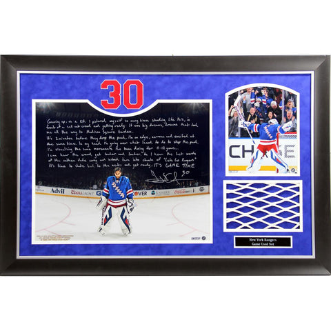 Henrik Lundqvist Facsimile Story 20x32 Collage with Authentic Game Used Net from MSG