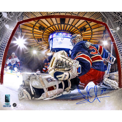 Henrik Lundqvist Signed Glove Save In Net View 16x20 Metallic Photo (Signed in Blue)