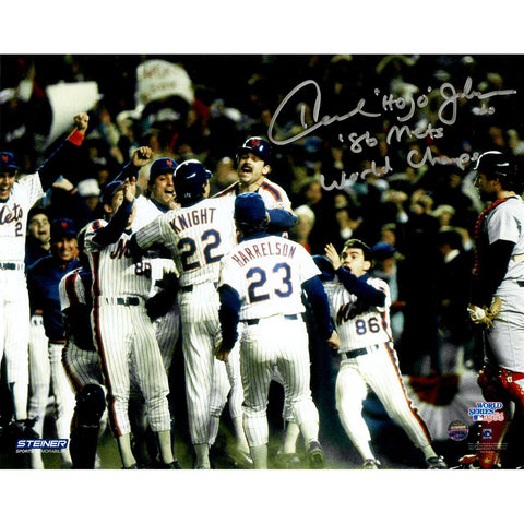 Howard Hojo Johnson Signed Mets 1986 World Series Celebration 8x10 Photo w 86 Mets World Champs Insc