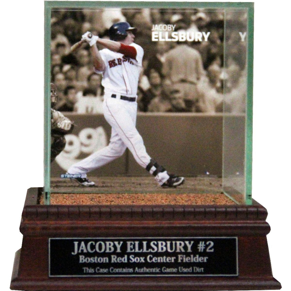 Jacoby Ellsbury Swinging Background Glass Single Baseball w Fenway Park Authentic Dirt & Nameplate