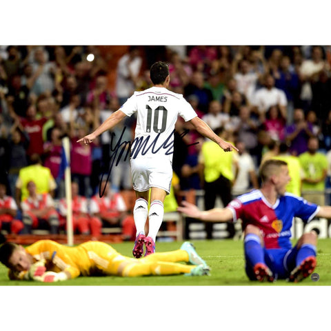 James Rodriguez Signed Real Madrid Back View Celebration 12x16 Photo: Deportivo Goal (Icons Auth & Third Party Holo)