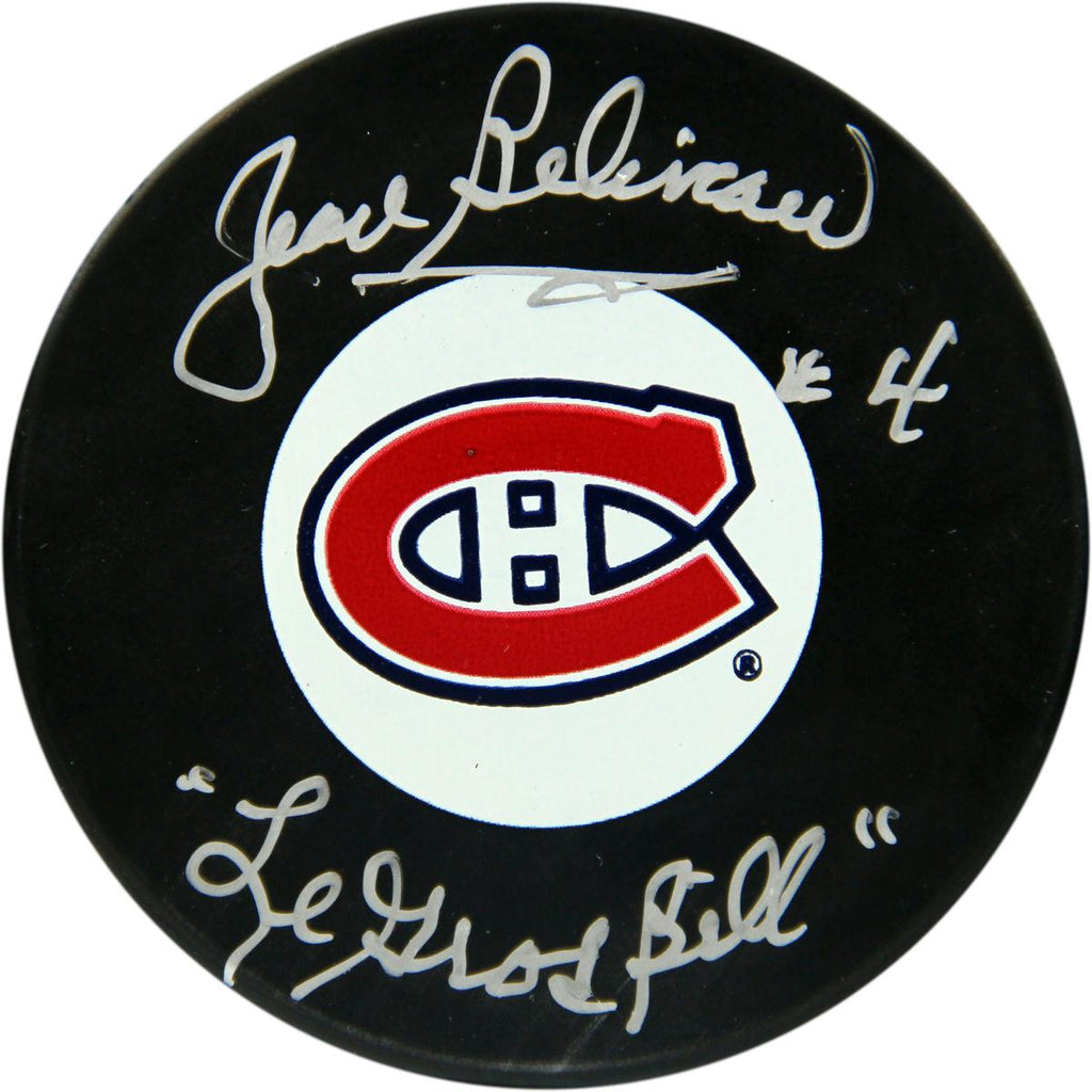 Jean Beliveau Montreal Canadiens Signed Puck w Le Gros Bill Insc. (AJ Sports Auth)