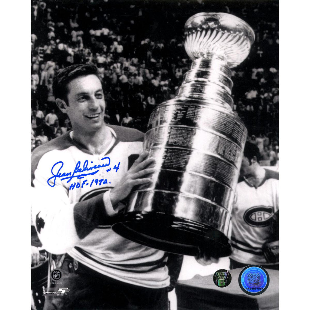 Jean Beliveau Signed BW Holding Stanley Cup 8x10 Photo w HOF 1972 Insc (Frozen Pond Auth)