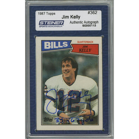 Jim Kelly Signed 1987 Topps Rookie Card w 35467 YdsInsc. (Slabbed by Steiner)