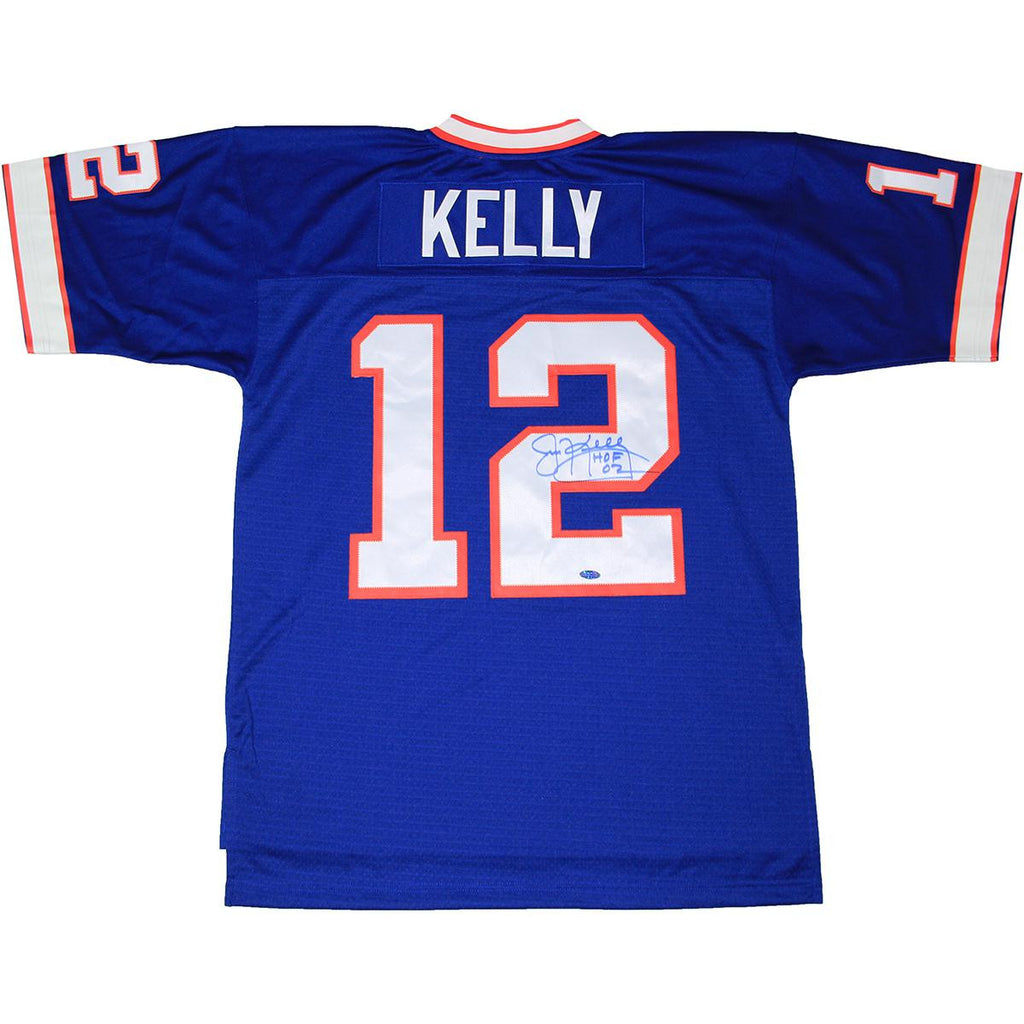 Jim Kelly Signed Blue Buffalo Bills 1990 Throwback Jersey w HOF 02 insc (Signed in Blue)