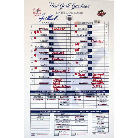 Joe Girardi 2008 Yankees Final Game Replica Line Up Card