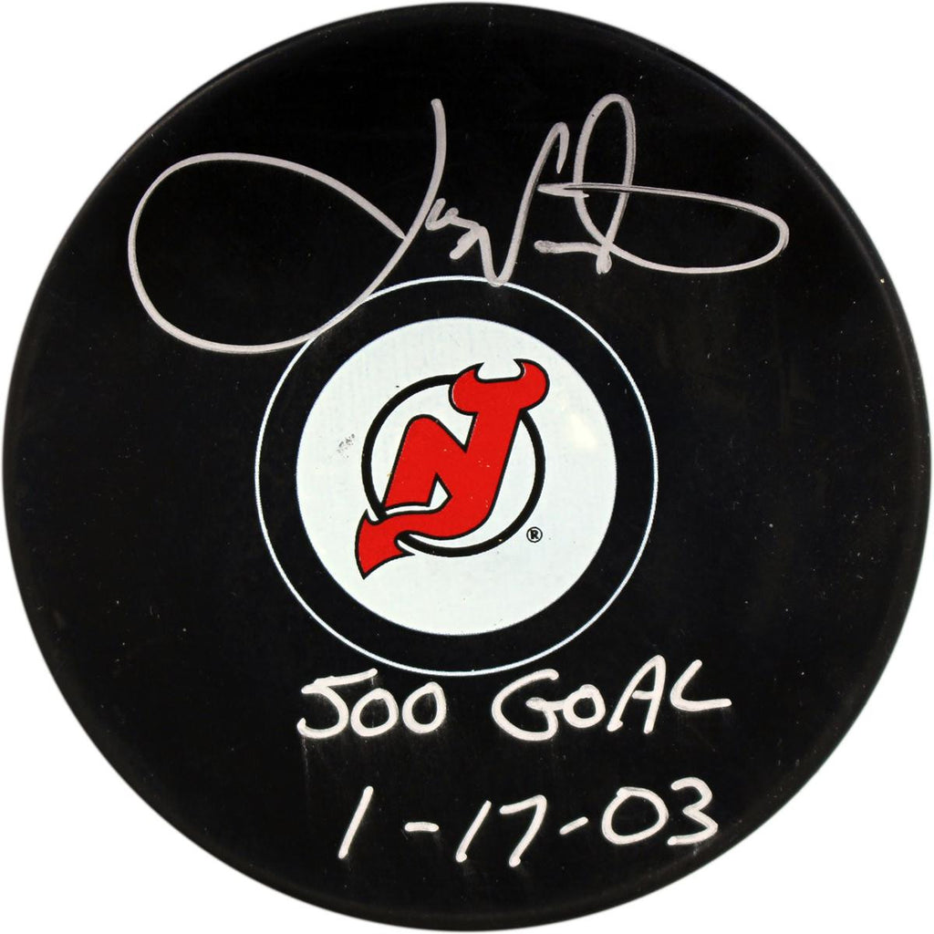 Joe Nieuwendyk Signed New Jersey Devils Puck w 500th Goal 1-17-03 Insc (Joe 25 Auth)