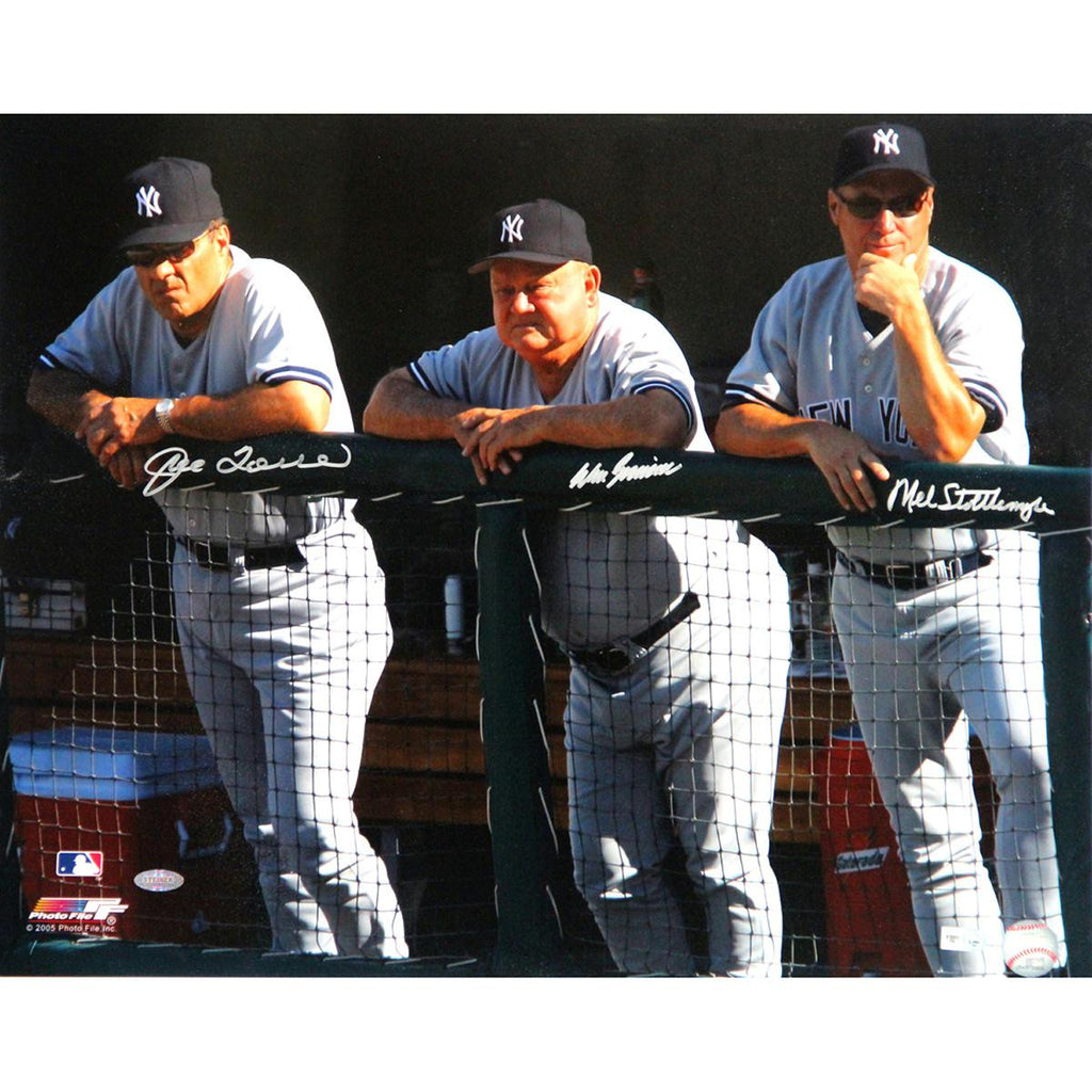 Joe Torre Don Zimmer and Mel Stottlemyre Triple Signed Dugout 16x20 Photo (MLB Auth)