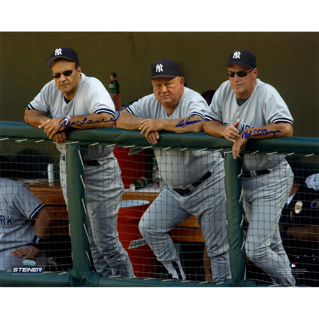 Joe Torre Don Zimmer and Mel Stottlemyre Triple Signed On Dugout Steps 16x20 Photo (Signed in Blue)