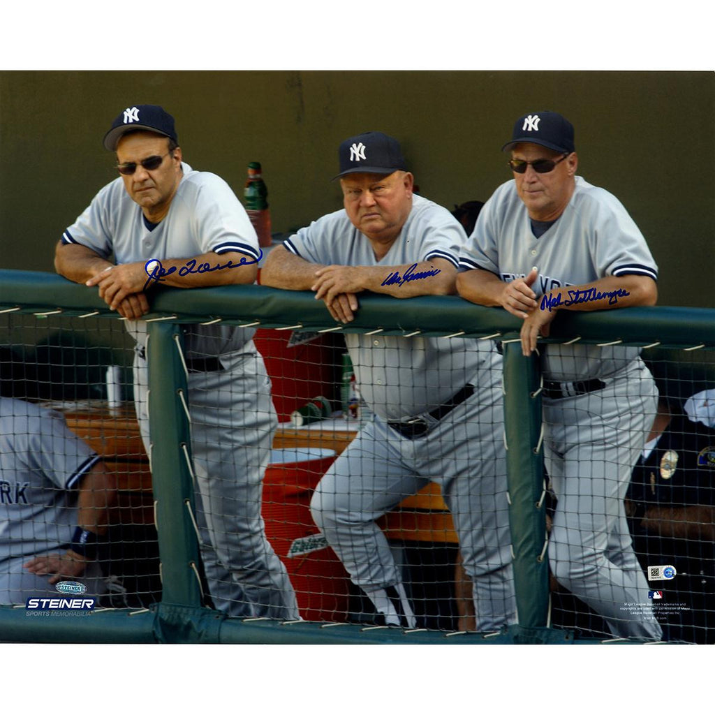 Joe Torre Don Zimmer and Mel Stottlemyre Triple Signed On Dugout Steps 16x20 Photo (Signed in Blue)(MLB Auth)