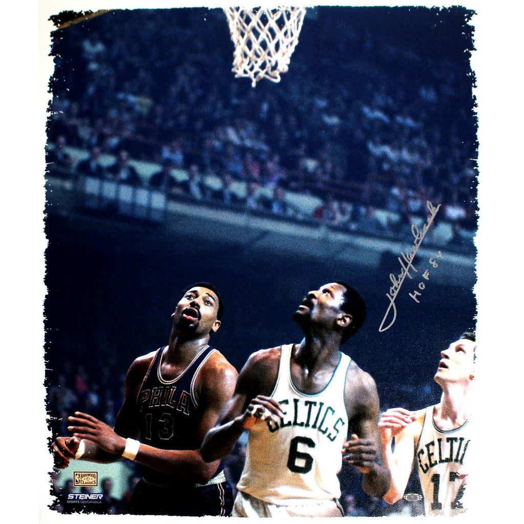 John Havlicek Signed Under Hoop With Russell and Chamberlain 20x24 Canvas w HOF insc