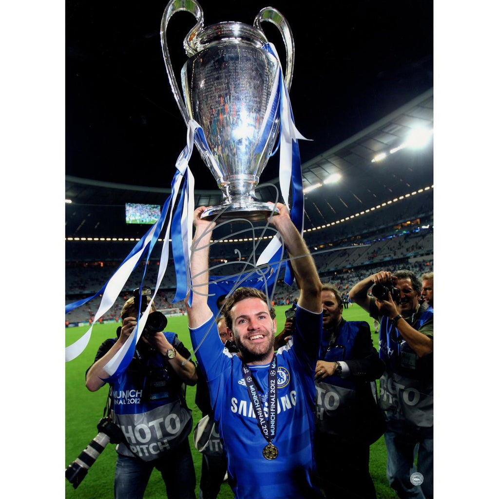 Juan Mata Signed Cup Overhead Chelsea 12x16 Photo: UEFA Champions League Winners (Icons Auth & Third Party Holo)