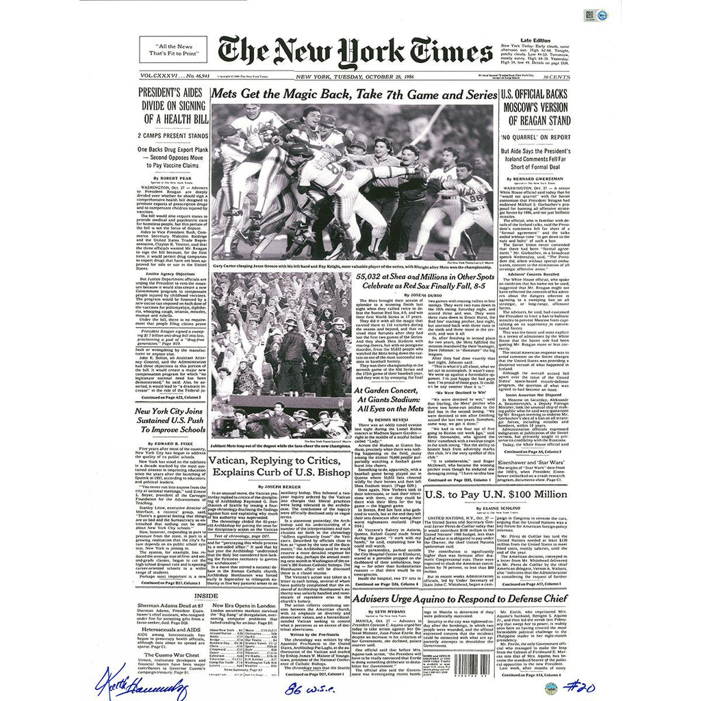 Keith Hernandez Signed New York Times Reprint October 281986 Mets Win World Series w 86 WSC Insc (MLB Auth)