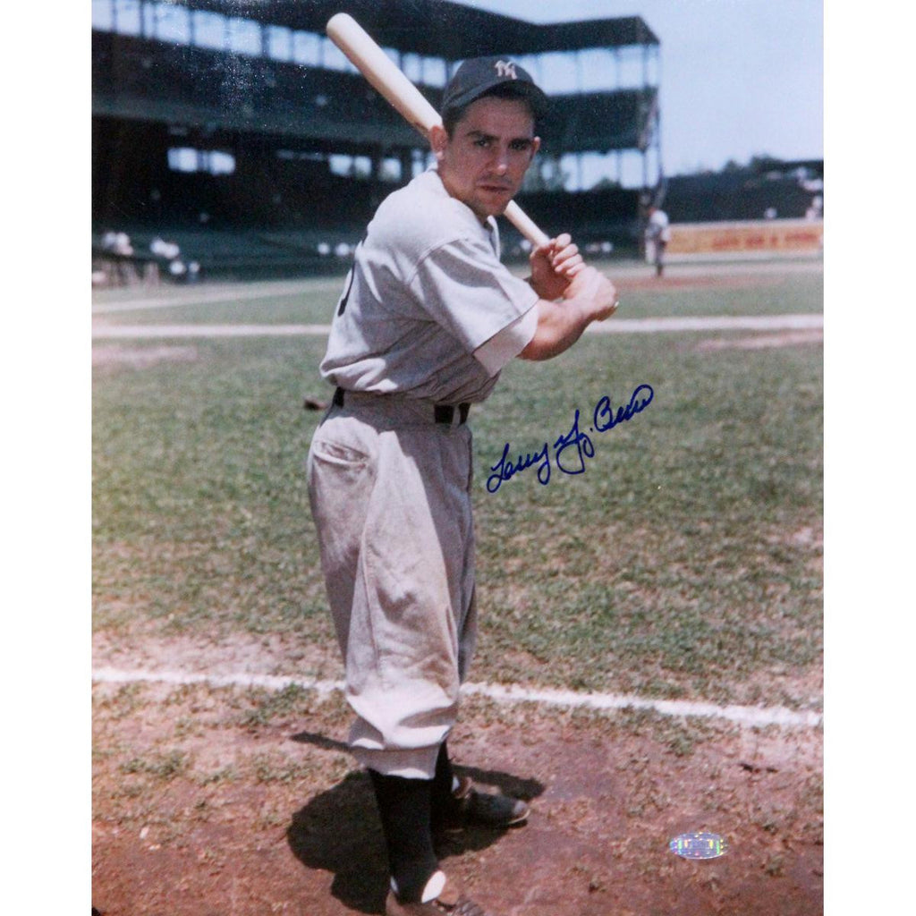 Larry Yogi Berra Batting Pose By Foul Line Signed 11x14 Vertical Photo