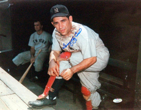 Larry Yogi Berra Putting On Shin Guard Signed 11x14 Horizontal Photo