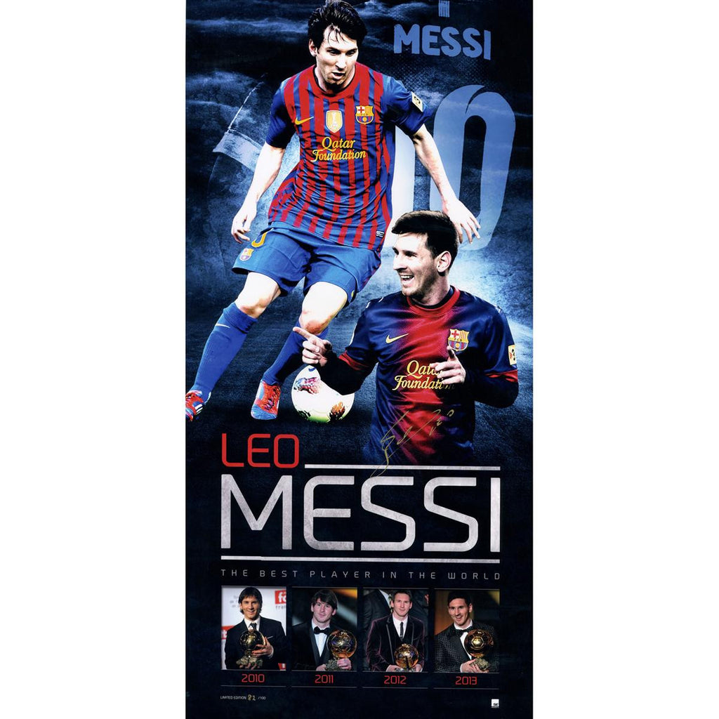 Leo Messi Signed Golden Ball 13x28 poster (Icons Auth)