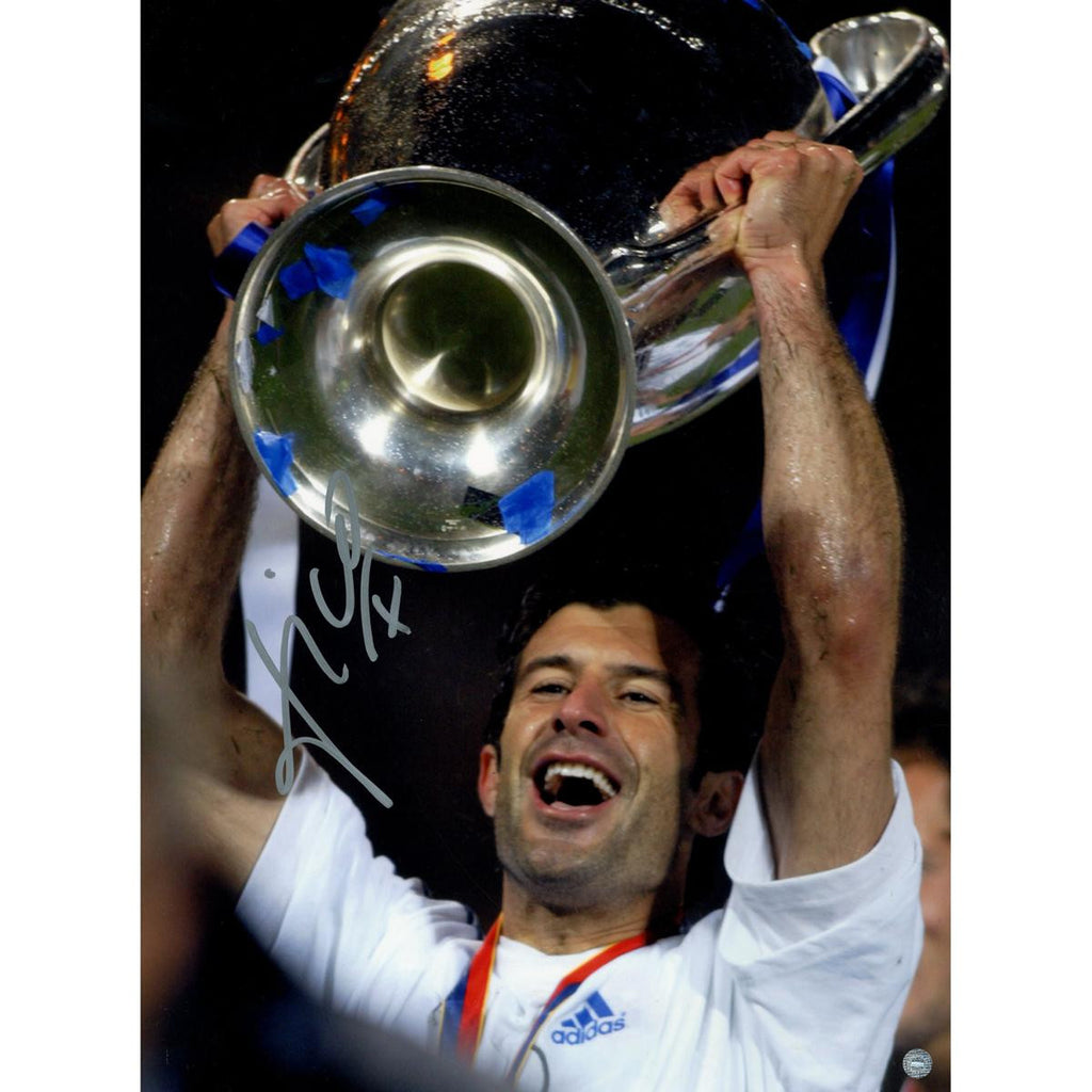 Luis Figo Signed Real Madrid with Trophy Overhead 12x16 Photo (Icons Auth & Third Party Holo)