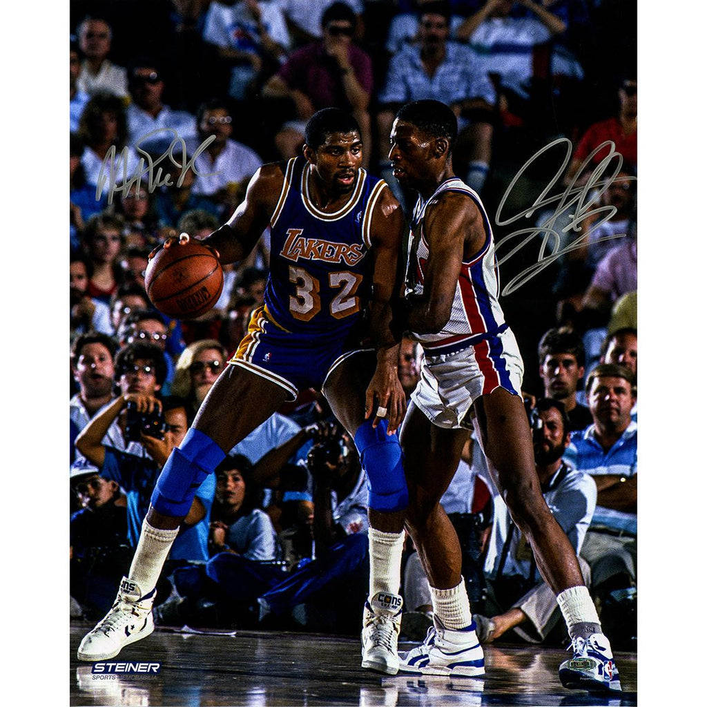 Magic Johnson Posting up Dennis Rodman Dual Signed 1989 NBA Finals Signed 16x20 Photo