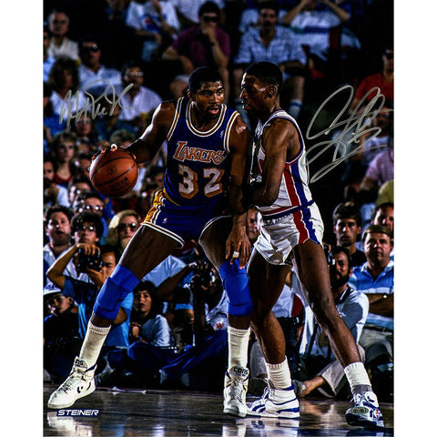 Magic Johnson Posting up Dennis Rodman Dual Signed 1989 NBA Finals Signed 16x20 Photo