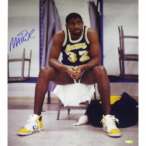 Magic Johnson Sitting on Chair Lakers Purple Jersey Vertical 16x20 Photo