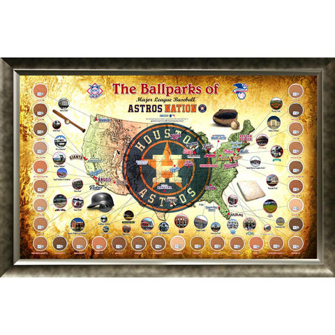 Major League Baseball Parks Map 20x32 Framed Collage w Game Used Dirt From 30 Parks - Astros Version