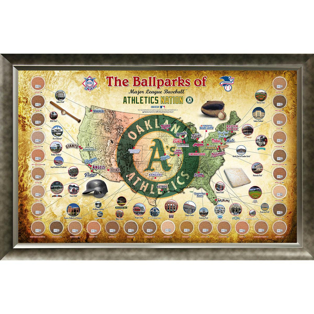 Major League Baseball Parks Map 20x32 Framed Collage w Game Used Dirt From 30 Parks - Athletics Version