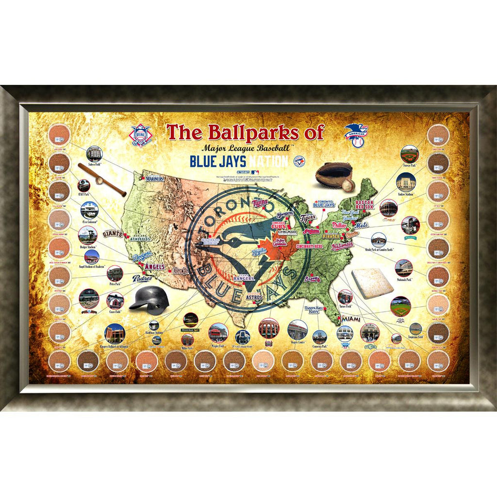 Major League Baseball Parks Map 20x32 Framed Collage w Game Used Dirt From 30 Parks - Blue Jays Version