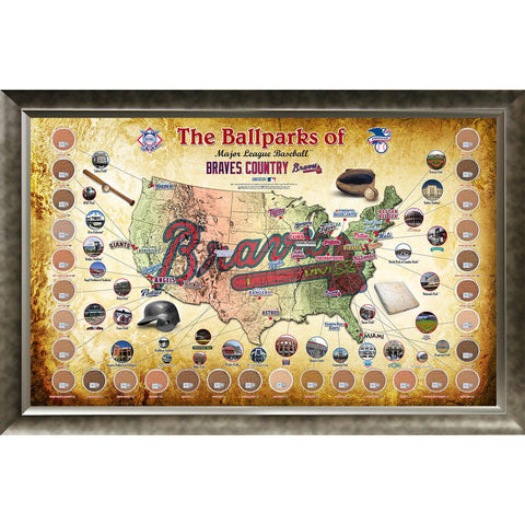 Major League Baseball Parks Map 20x32 Framed Collage w Game Used Dirt From 30 Parks - Braves Version