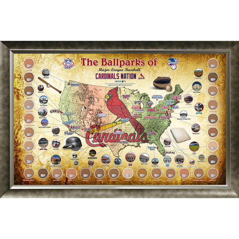 Major League Baseball Parks Map 20x32 Framed Collage w Game Used Dirt From 30 Parks - Cardinals Version