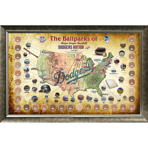 Major League Baseball Parks Map 20x32 Framed Collage w Game Used Dirt From 30 Parks - Dodgers Version