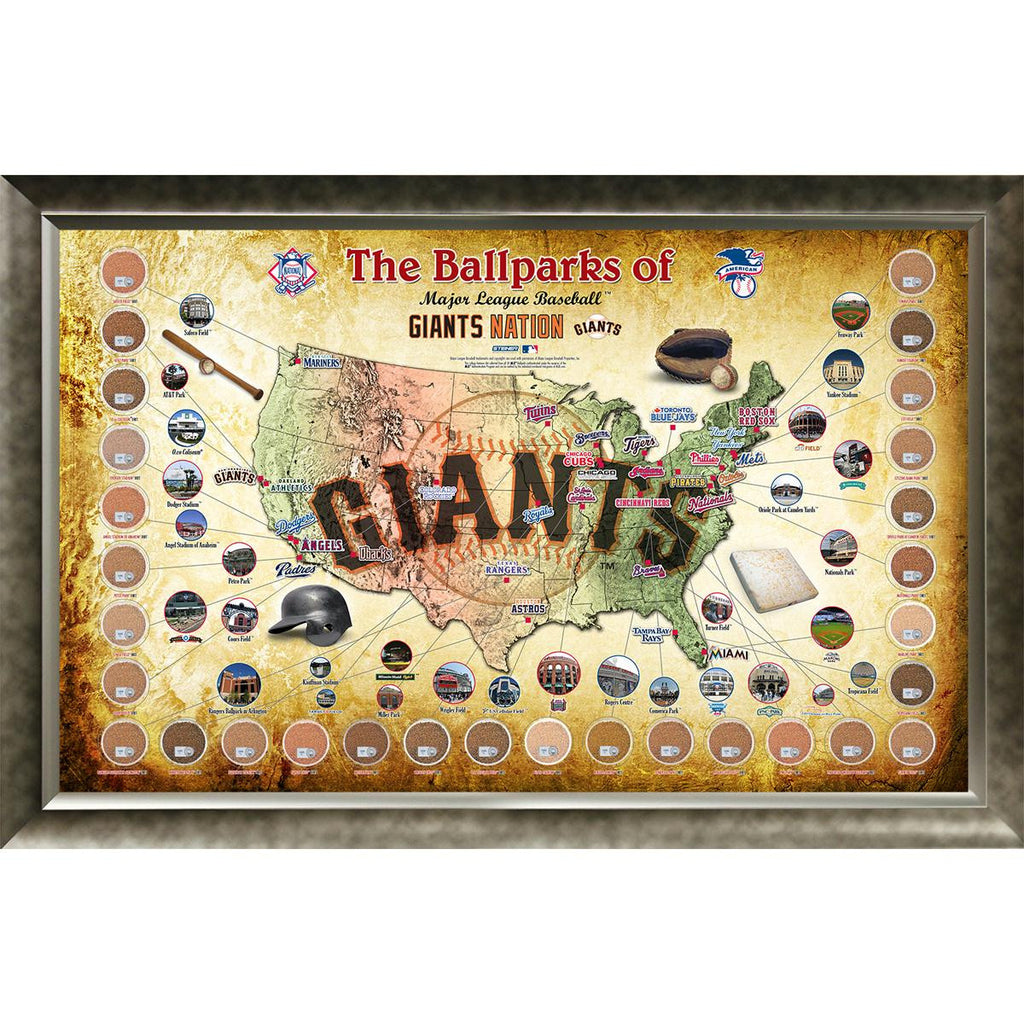 Major League Baseball Parks Map 20x32 Framed Collage w Game Used Dirt From 30 Parks - Giants Version