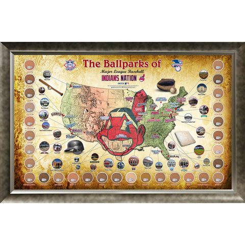 Major League Baseball Parks Map 20x32 Framed Collage w Game Used Dirt From 30 Parks - Indians Version