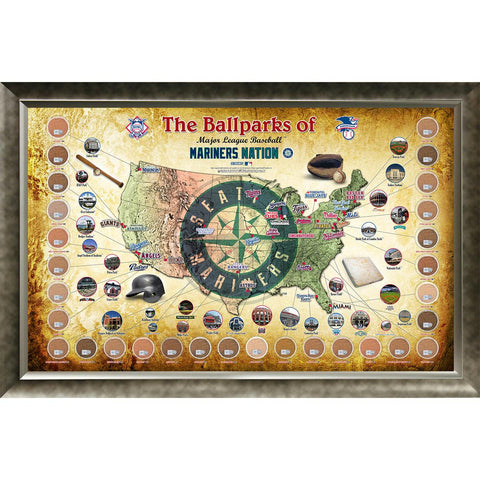 Major League Baseball Parks Map 20x32 Framed Collage w Game Used Dirt From 30 Parks - Mariners Version