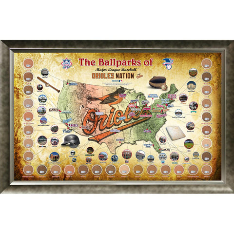 Major League Baseball Parks Map 20x32 Framed Collage w Game Used Dirt From 30 Parks - Orioles Version