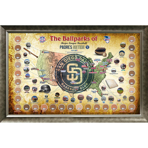 Major League Baseball Parks Map 20x32 Framed Collage w Game Used Dirt From 30 Parks - Padres Version