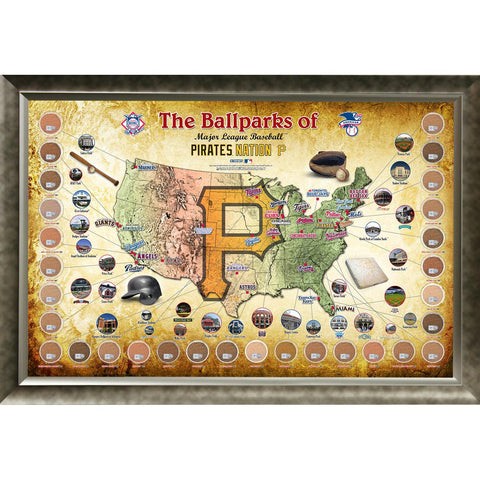 Major League Baseball Parks Map 20x32 Framed Collage w Game Used Dirt From 30 Parks - Pirates Version