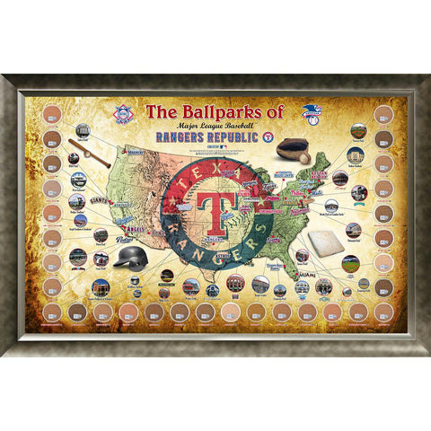 Major League Baseball Parks Map 20x32 Framed Collage w Game Used Dirt From 30 Parks - Rangers Version