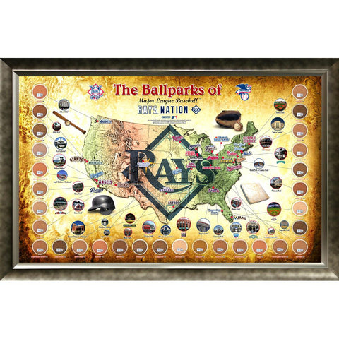 Major League Baseball Parks Map 20x32 Framed Collage w Game Used Dirt From 30 Parks - Rays Version