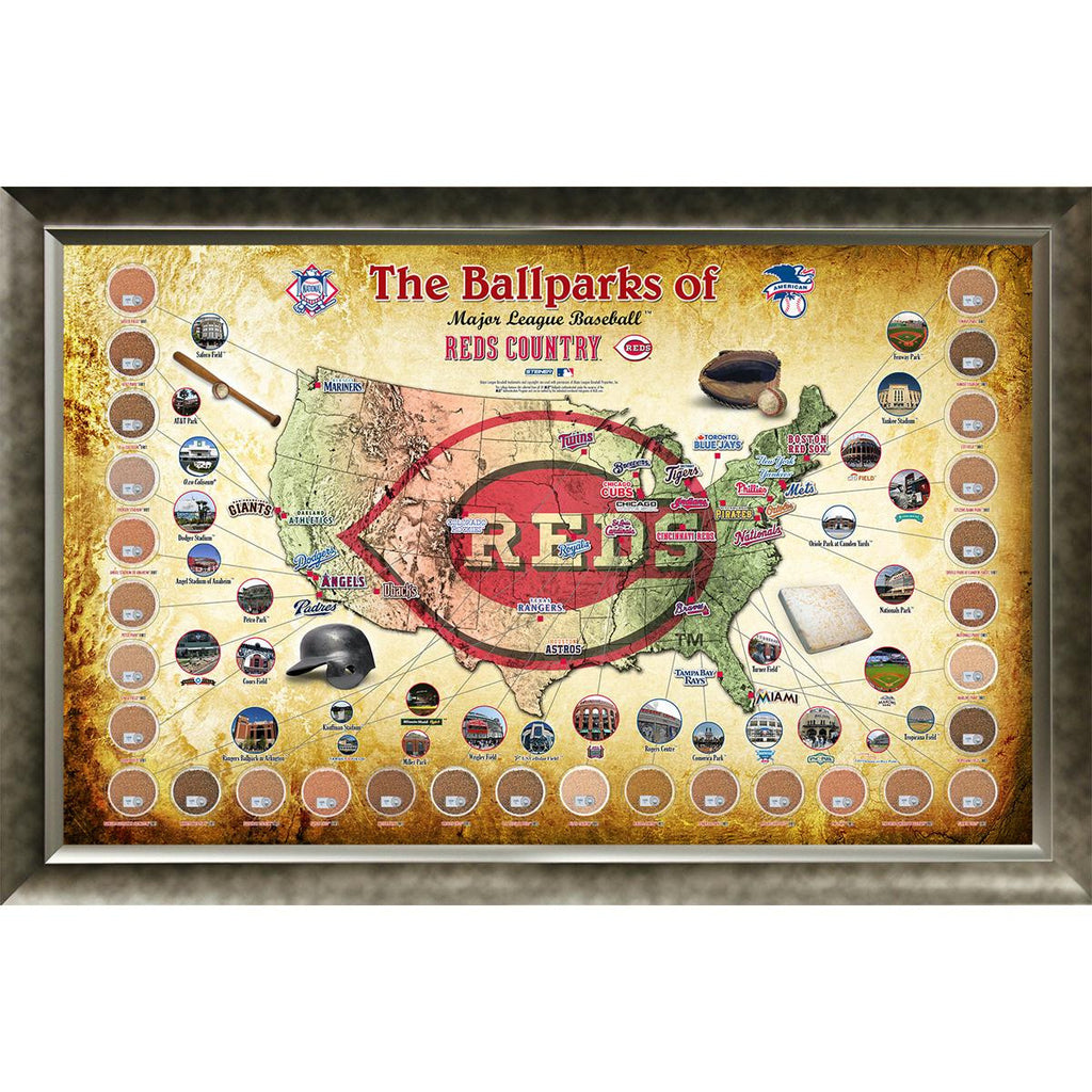 Major League Baseball Parks Map 20x32 Framed Collage w Game Used Dirt From 30 Parks - Reds Version