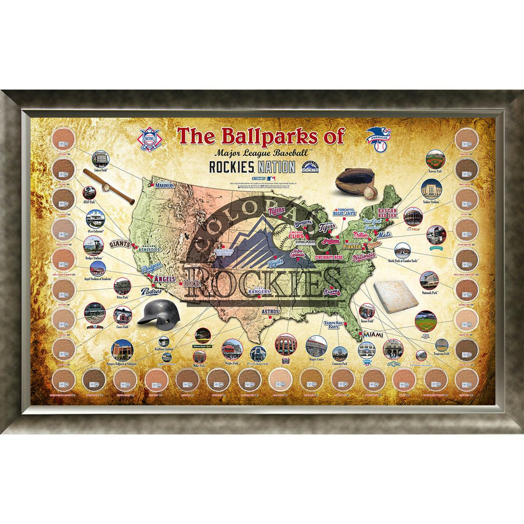 Major League Baseball Parks Map 20x32 Framed Collage w Game Used Dirt From 30 Parks - Rockies Version