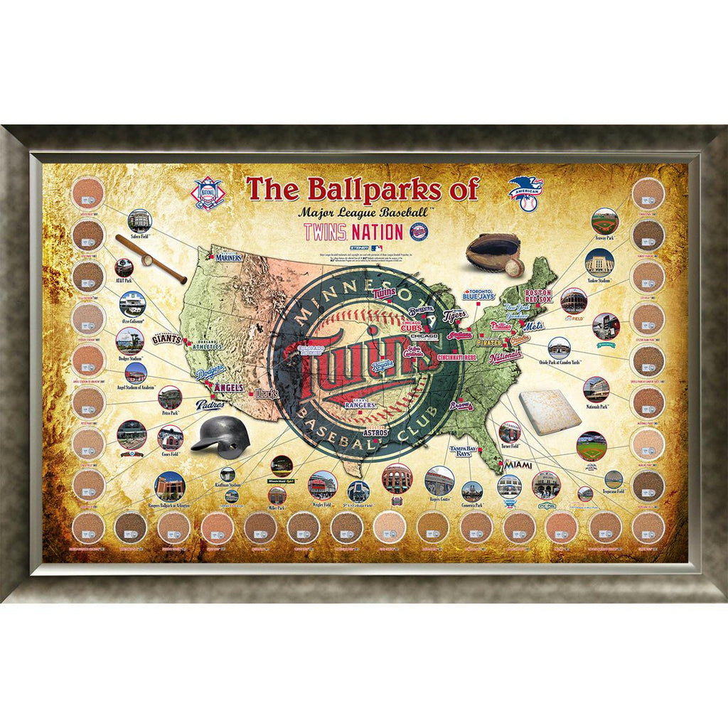 Major League Baseball Parks Map 20x32 Framed Collage w Game Used Dirt From 30 Parks - Twins Version