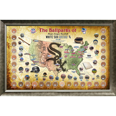 Major League Baseball Parks Map 20x32 Framed Collage w Game Used Dirt From 30 Parks - White Sox Version