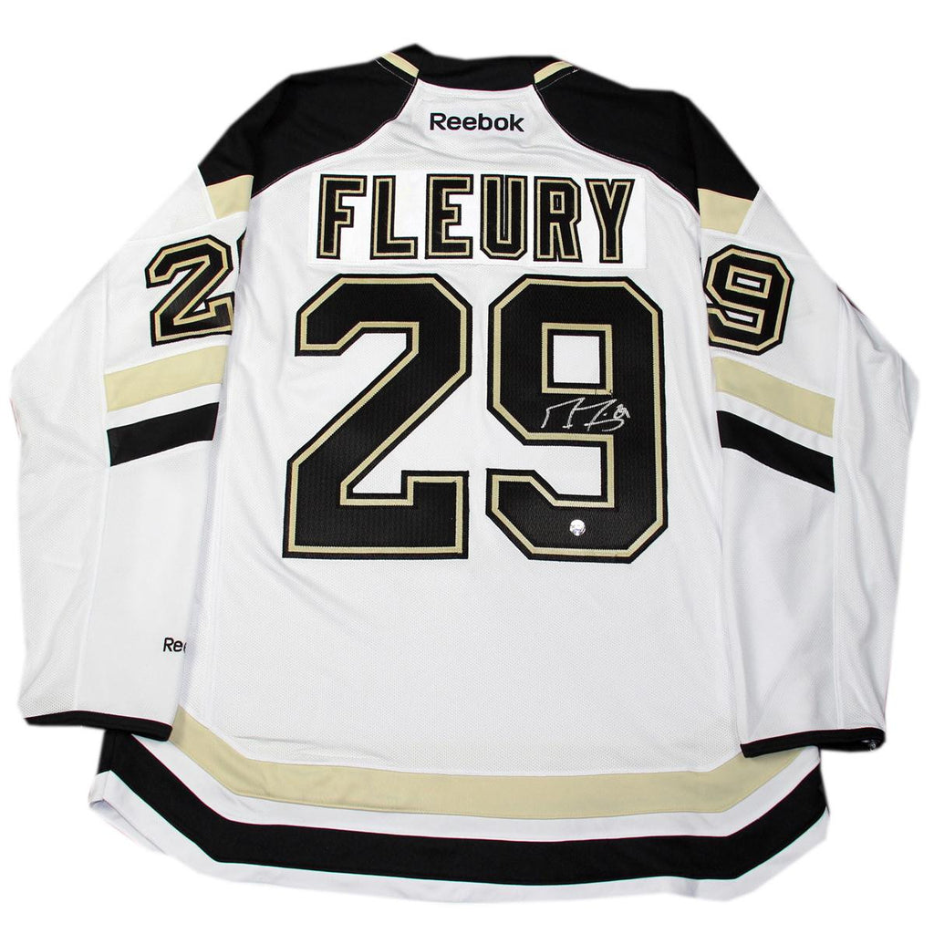 Marc Andre Fleury Signed Pittsburgh Penguins White Replica Jersey (Frozen Pond Auth)(Signed in Silver)