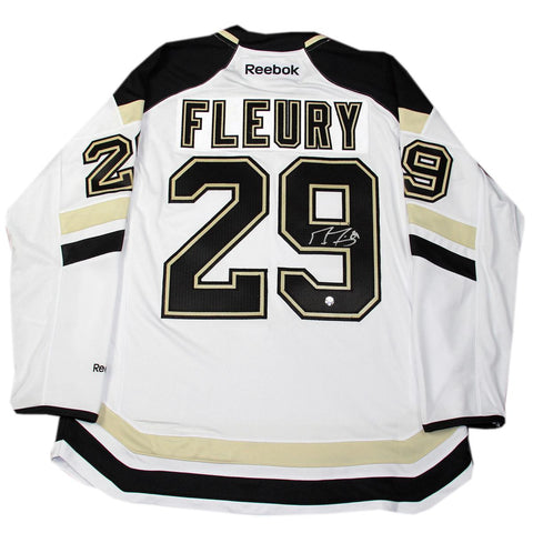 Marc Andre Fleury Signed Pittsburgh Penguins White Replica Jersey (Frozen Pond Auth)(Signed in Silver)