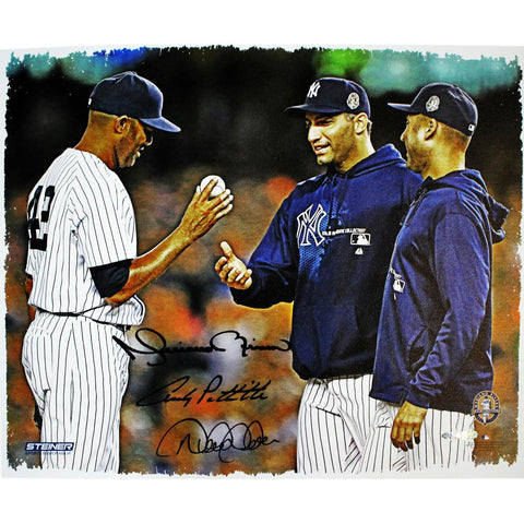 Mariano Rivera Derek Jeter & Andy Pettitte Triple-Signed Handing Ball To Pettitte & Jeter 20X24 Canvas (MLB Auth)