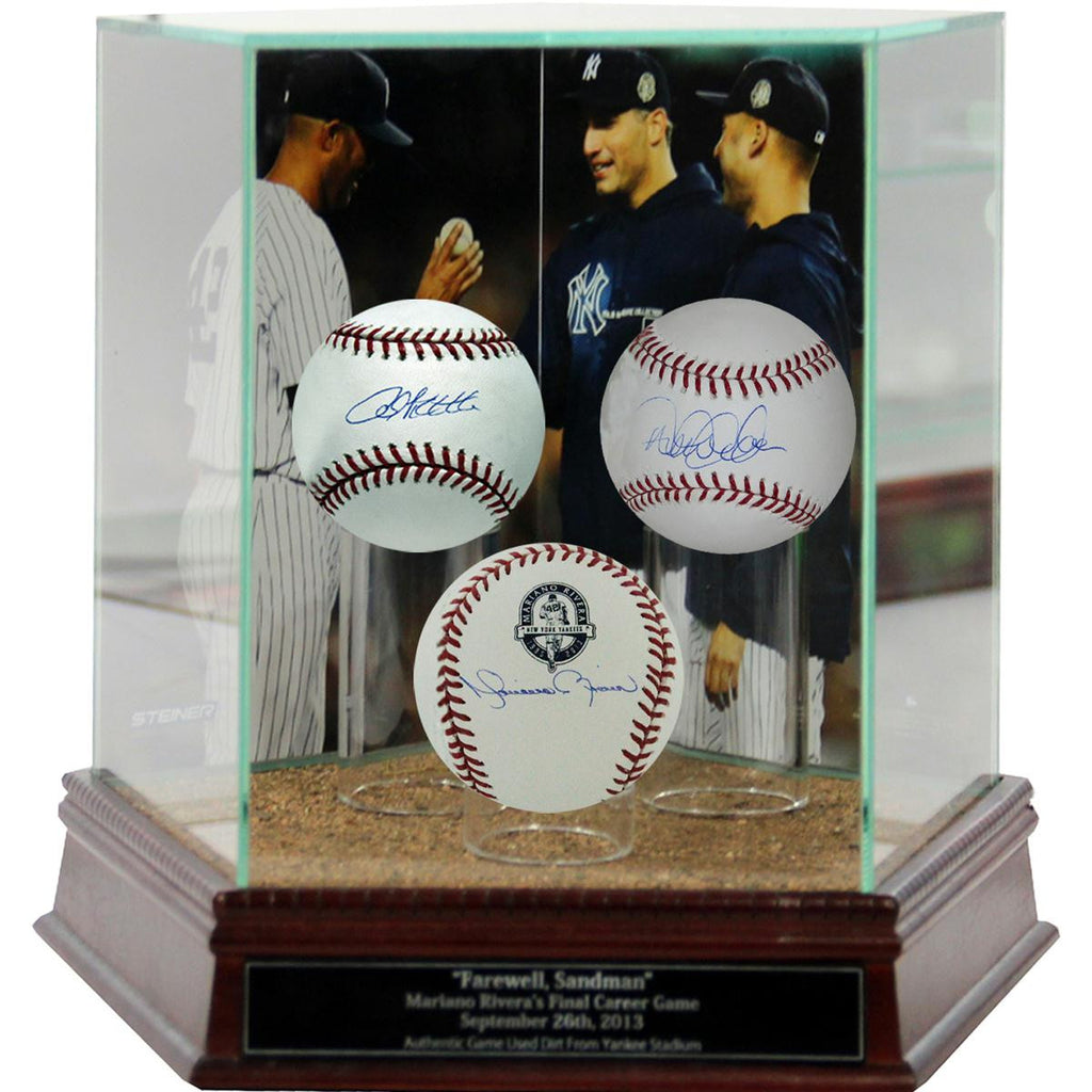 Mariano Rivera Final Game Background Image Glass Quad Baseball Case w Yankee Stadium Authentic Dirt & Nameplate